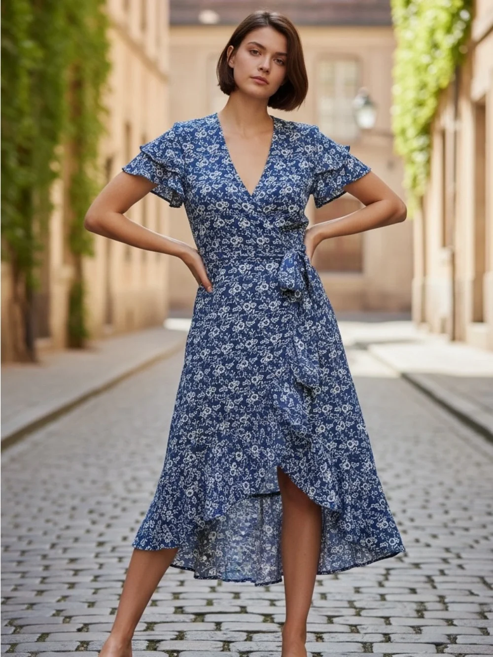 max studio blue dress Max Studio Navy Blue Floral Embroidered Short Sleeve Tiered Mini Dress –  Brie main image 0